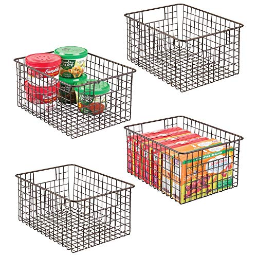 mDesign Farmhouse Decor Metal Wire Food Storage Organizer Bin Basket with Handles – for Kitchen Cabinets, Pantry, Bathroom, Laundry Room, Closets, Garage – 12″ x 9″ x 6″ – 4 Pack – Bronze
