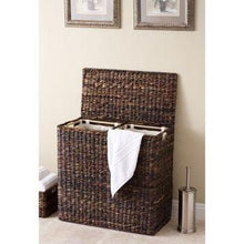 Load image into Gallery viewer, On amazon birdrock home oversized divided hamper with liners espresso made of natural woven abaca fiber organize laundry cut out handles for easy transport includes 2 machine washable canvas liners