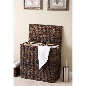 On amazon birdrock home oversized divided hamper with liners espresso made of natural woven abaca fiber organize laundry cut out handles for easy transport includes 2 machine washable canvas liners