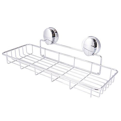 Super Vacuum Suction Cup Shower Caddy Basket, Rustproof Soap Dish Rectangle Basket Wall Shelves Shampoo Holder Organizer for Kitchen & Bathroom Storage, Chromed Finished