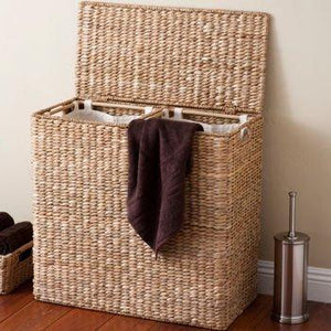 New birdrock home oversized divided hamper with liners espresso made of natural woven abaca fiber organize laundry cut out handles for easy transport includes 2 machine washable canvas liners