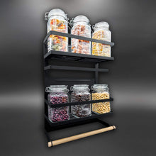 Load image into Gallery viewer, Organize with magnetic fridge spice rack organizer large with 6 utility hooks 4 tier mounted storage paper towel roll holder multi use kitchen rack shelves pantry wall laundry room garage matte black