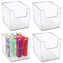 Load image into Gallery viewer, Order now mdesign plastic open front bathroom storage organizer basket bin for cabinets shelves countertops bedroom kitchen laundry room closet garage 8 wide 4 pack clear