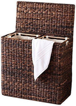 Load image into Gallery viewer, Latest birdrock home oversized divided hamper with liners espresso made of natural woven abaca fiber organize laundry cut out handles for easy transport includes 2 machine washable canvas liners