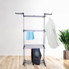 Load image into Gallery viewer, Discover the best 3 tier rolling clothes drying rack clothes garment rack laundry rack with foldable wings shape indoor outdoor standing rack stainless steel hanging rods gray electroplate gray