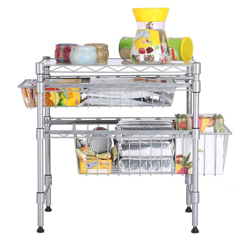 Rackaphile Stackable 2 Tier Sliding Basket Organizer Drawer, Under Sink Cabinet with Adjustable Leveling Feet, Rack Shelf for Bathroom Kitchen Closet Office Desktop, Silver