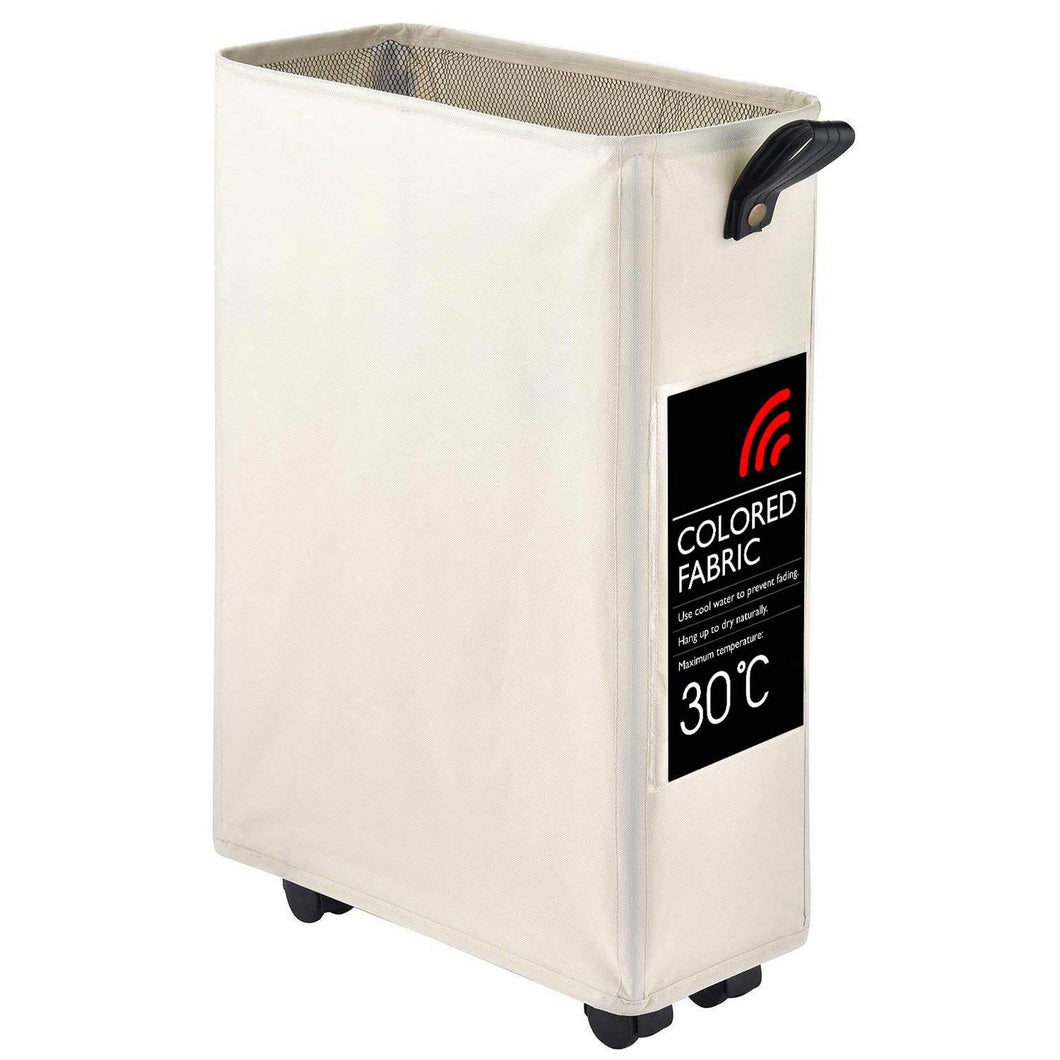 Slim Rolling Laundry Hamper Basket Wheels Durable Dirty Clothes Bag Collapsible Rectangular Home Washing Corner Bin Beige White 22