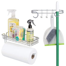 Load image into Gallery viewer, Shop for mdesign wall mount metal storage organizers for kitchen includes paper towel holder with multi purpose shelf and broom mop holder with 3 hooks for pantry laundry garage 2 piece set chrome