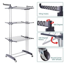 Load image into Gallery viewer, Discover the 3 tier rolling clothes drying rack clothes garment rack laundry rack with foldable wings shape indoor outdoor standing rack stainless steel hanging rods gray electroplate gray