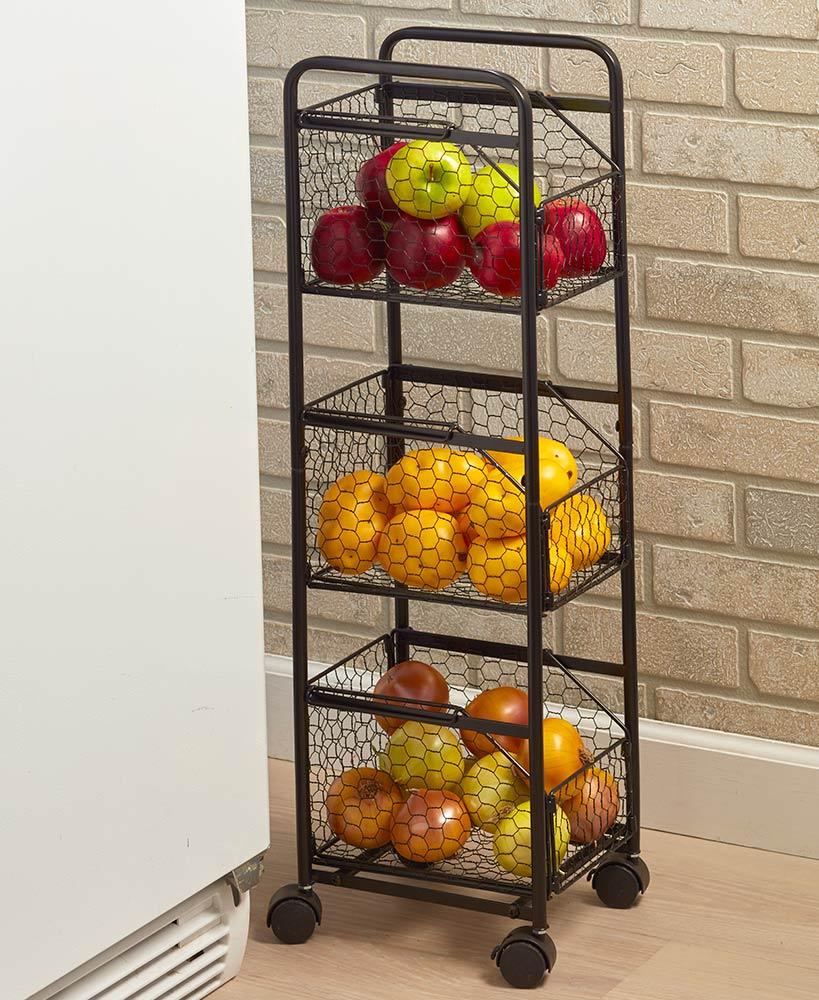 Decorative Slim Rolling Metal Kitchen Fruit & Vegetable Basket Storage Organizer Cart