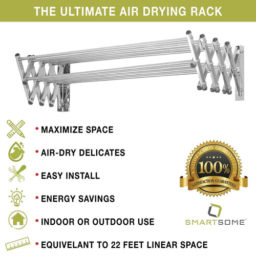 Organize with stainless steel wall mount laundry drying rack retractable fold away clothes dry racks easy to install design 22 5 linear ft 60 lb capacity extended size 34 x 24 x 8 5