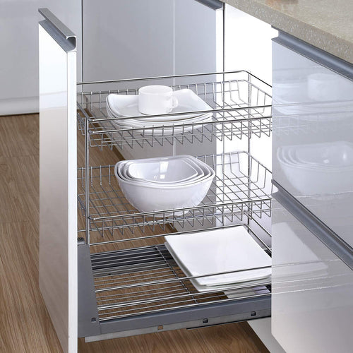 17.6 In. Length Cabinet Pull-Out Chrome Wire Basket Organizer 3-Tier Cabinet Spice Rack Shelves Bowl Pan Pots Holder Full Pullout Set