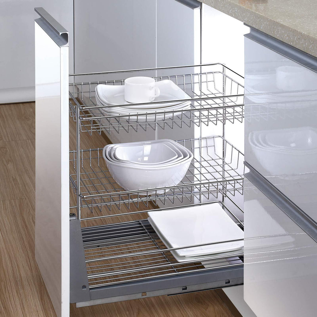 17.6 In. Length Cabinet Pull-Out Chrome Wire Basket Organizer 3-Tier Cabinet Spice Rack Shelves Bowl Pan Pots Holder Full Pullout Set