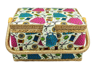 Medium Size Fabric Covered Sewing Basket w/ Handy Insert Tray and Sewing Notions